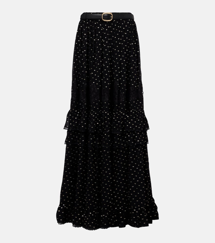 Lace-trimmed polka-dot chiffon maxi skirt