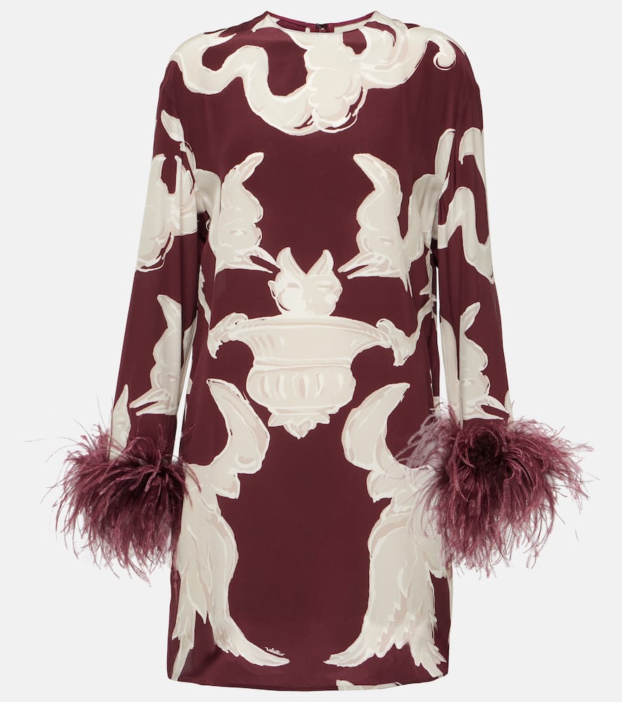 Printed feather-trimmed silk minidress