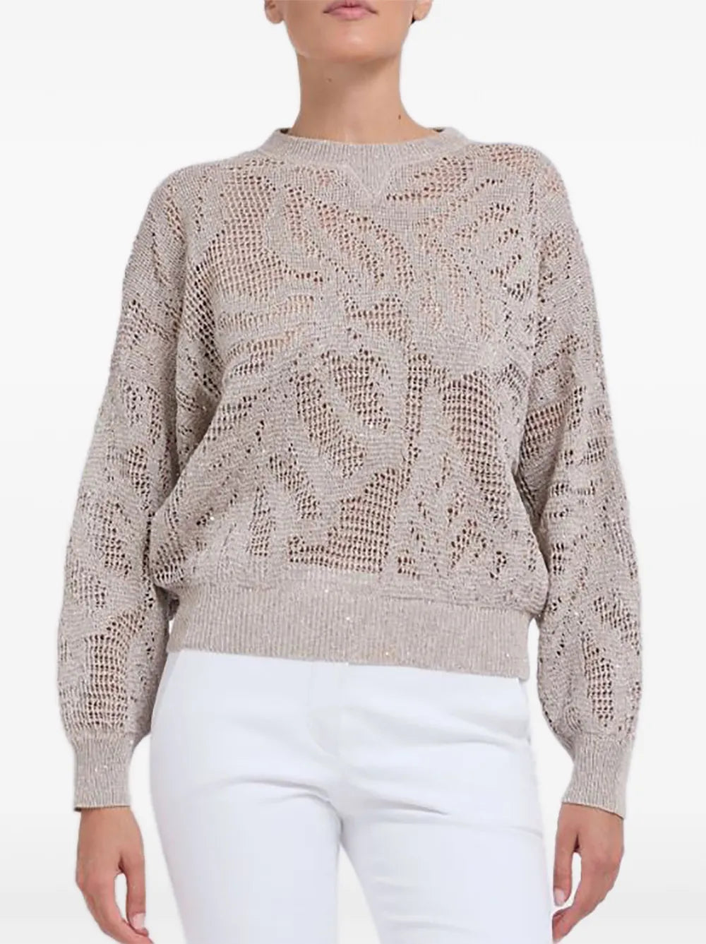 Open-Knit with Sequin Embellishment Sweater — Beige
