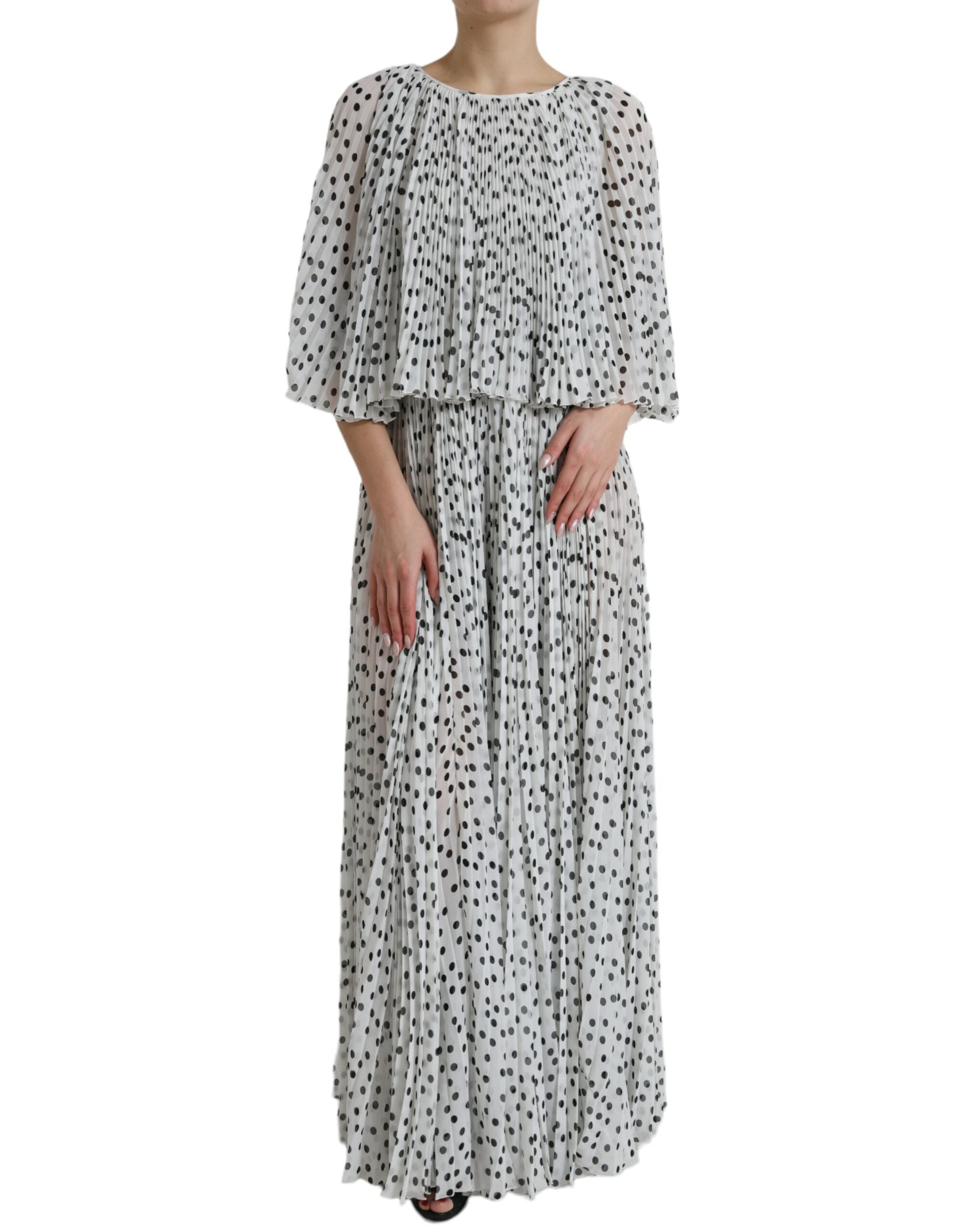 Polka-Dot Pleated Dress — White