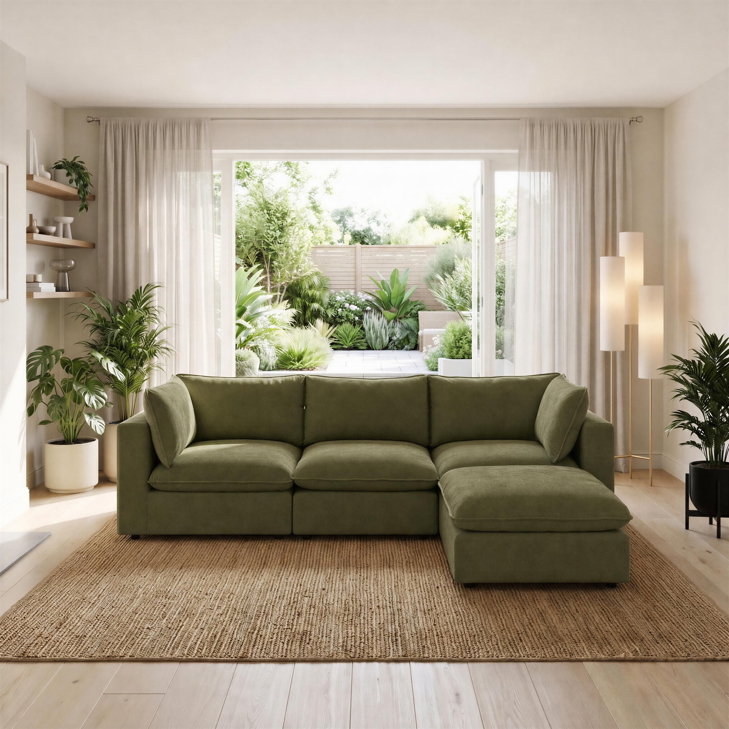 Furnitureboxuk Echo Linen-Look Fabric 3 Seater Modular Chaise Sofa In Green