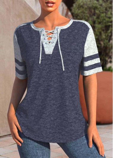 Modlily Navy Patchwork Short Sleeve Lace Up Collar Blouse