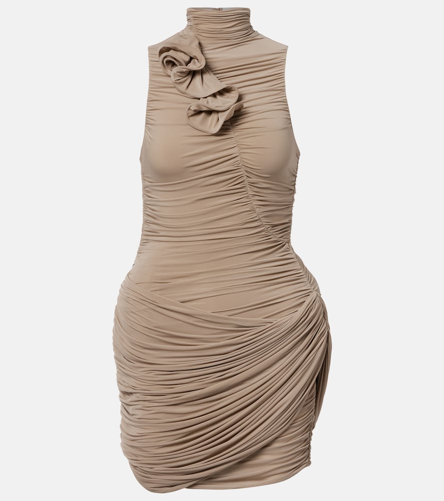 Floral-appliqué ruched minidress