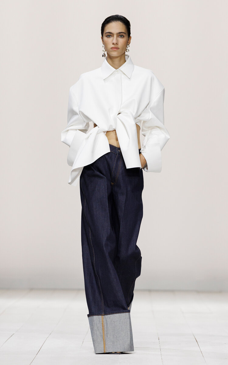 Cuffed Raw Denim Wide-Leg Pants