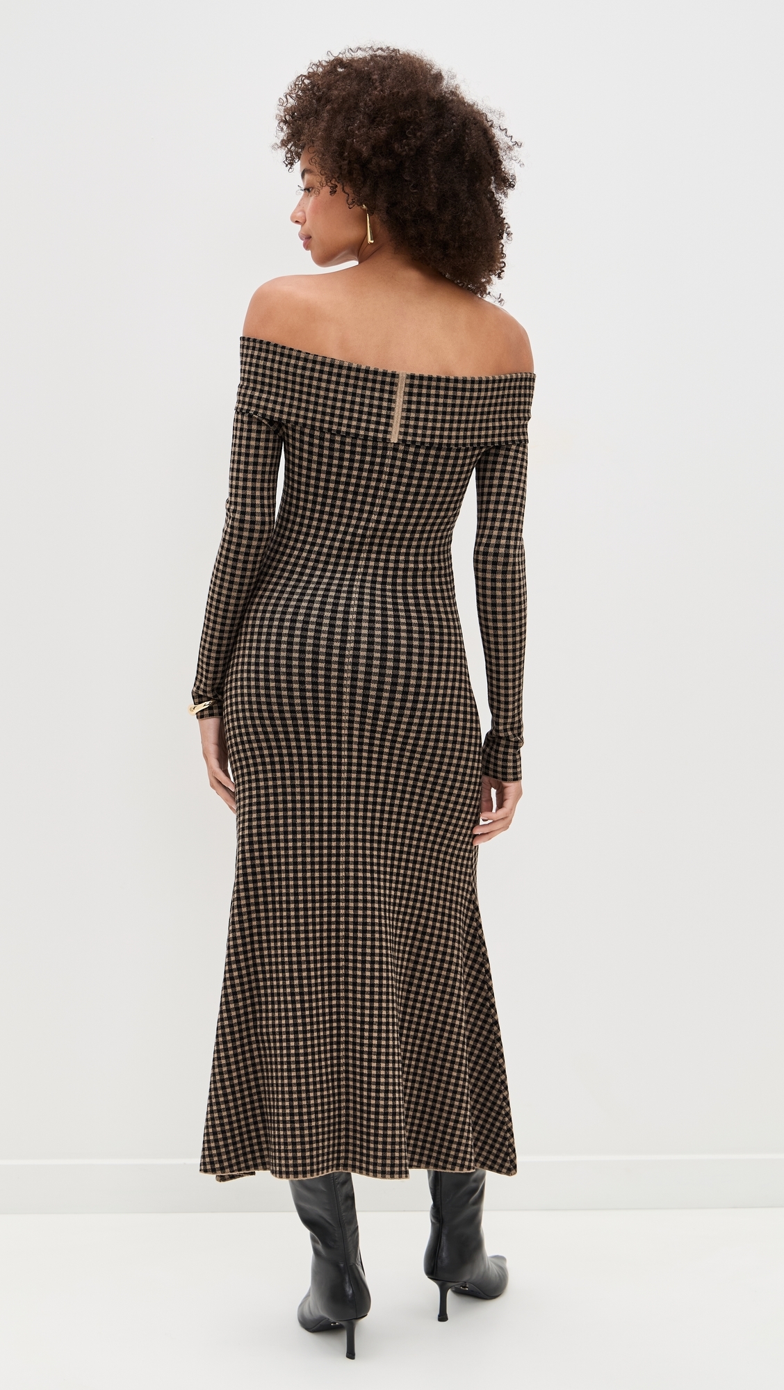Gingham Knit Off Shoulder Dress Chocolate/Black