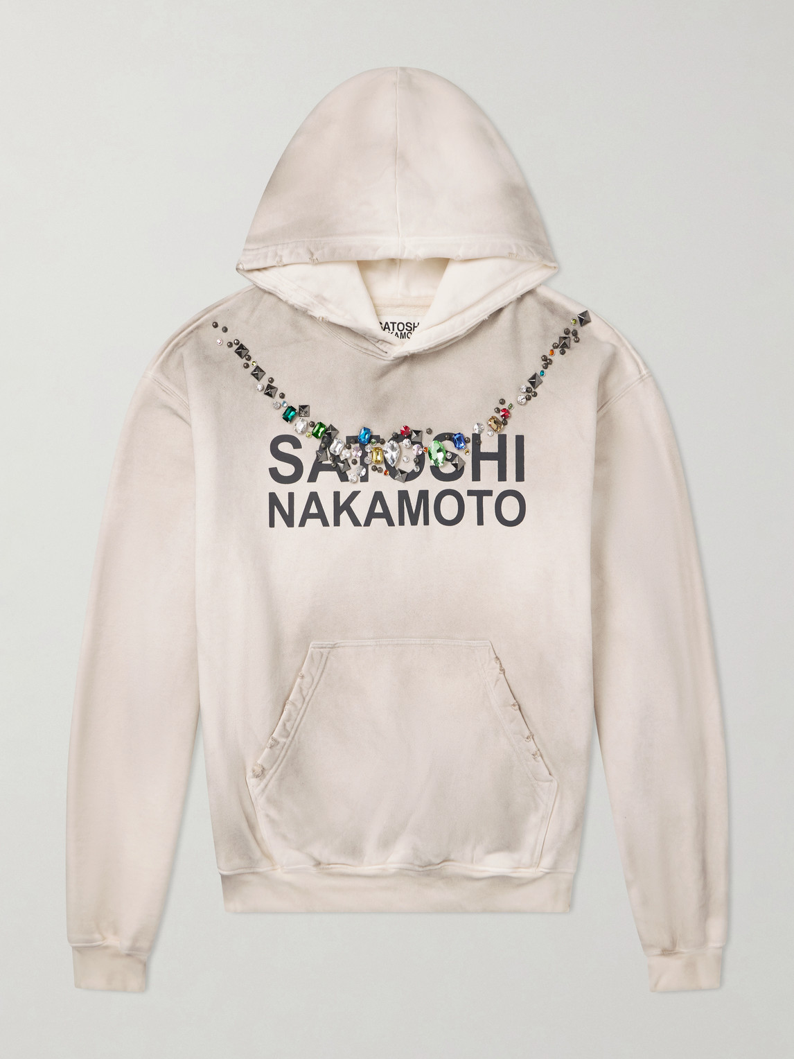 Necklace Logo-Print Embellished Distressed Cotton-Jersey Hoodie