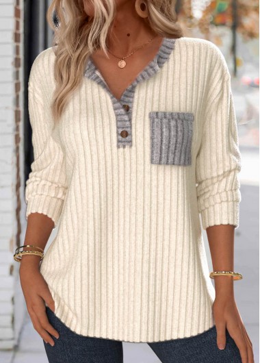 Modlily Plus Beige Button Long Sleeve Split Neck Sweatshirt - 1X
