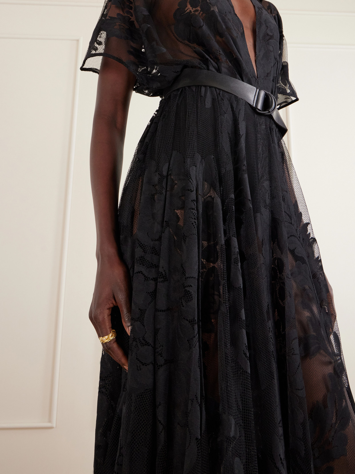 Belted Embroidered Mesh Gown - Black