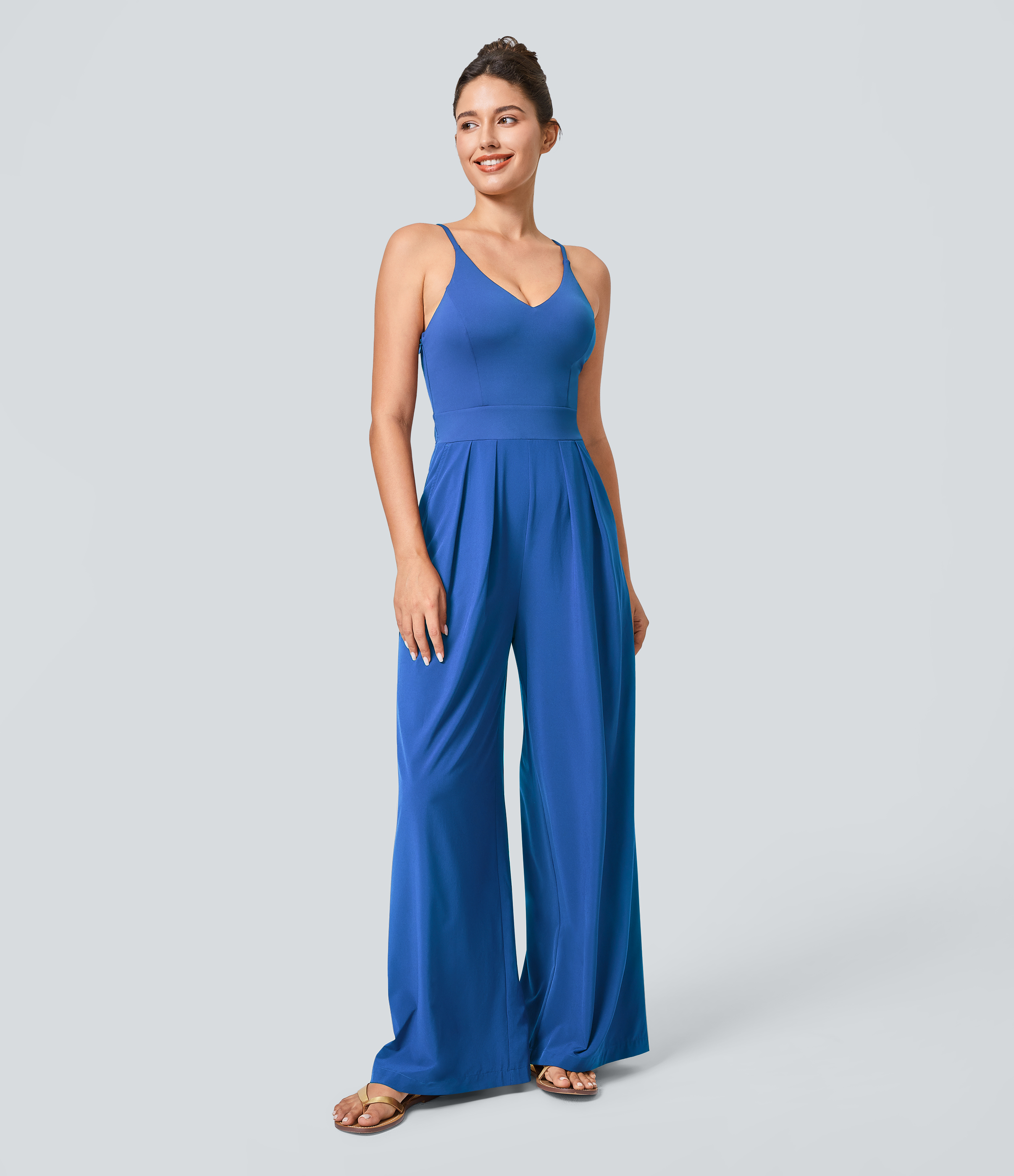Breezeful™ Backless Side Invisible Zipper Pocket Wide Leg Quick Dry Resort Slip Jumpsuit  - Nebulas Blue