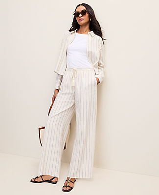 Ann Taylor Weekend Striped Easy Fit Wide-Leg Pant in Linen Blend
