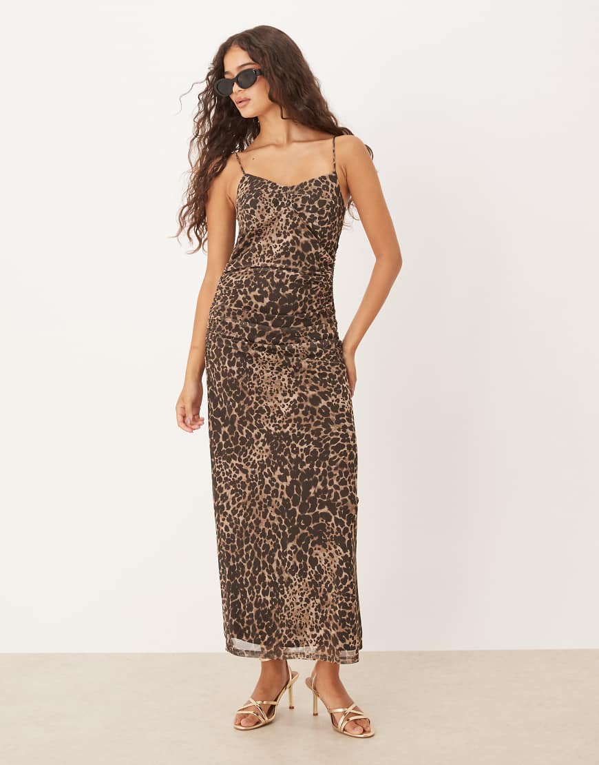 Ruched detail fitted leopard print midi dress in brown