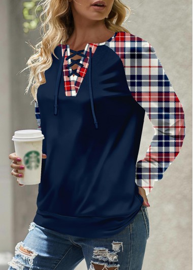 Modlily Plus Navy Patchwork Plaid Long Sleeve Sweatshirt - 2X