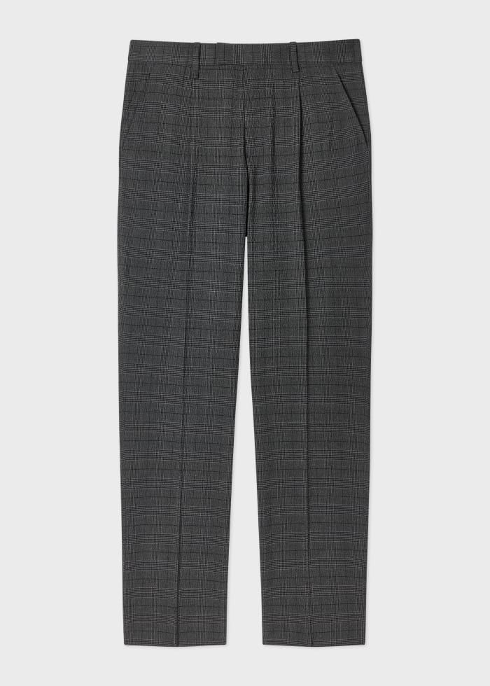 Grey Textured-Cotton Check Pleated Trousers Black