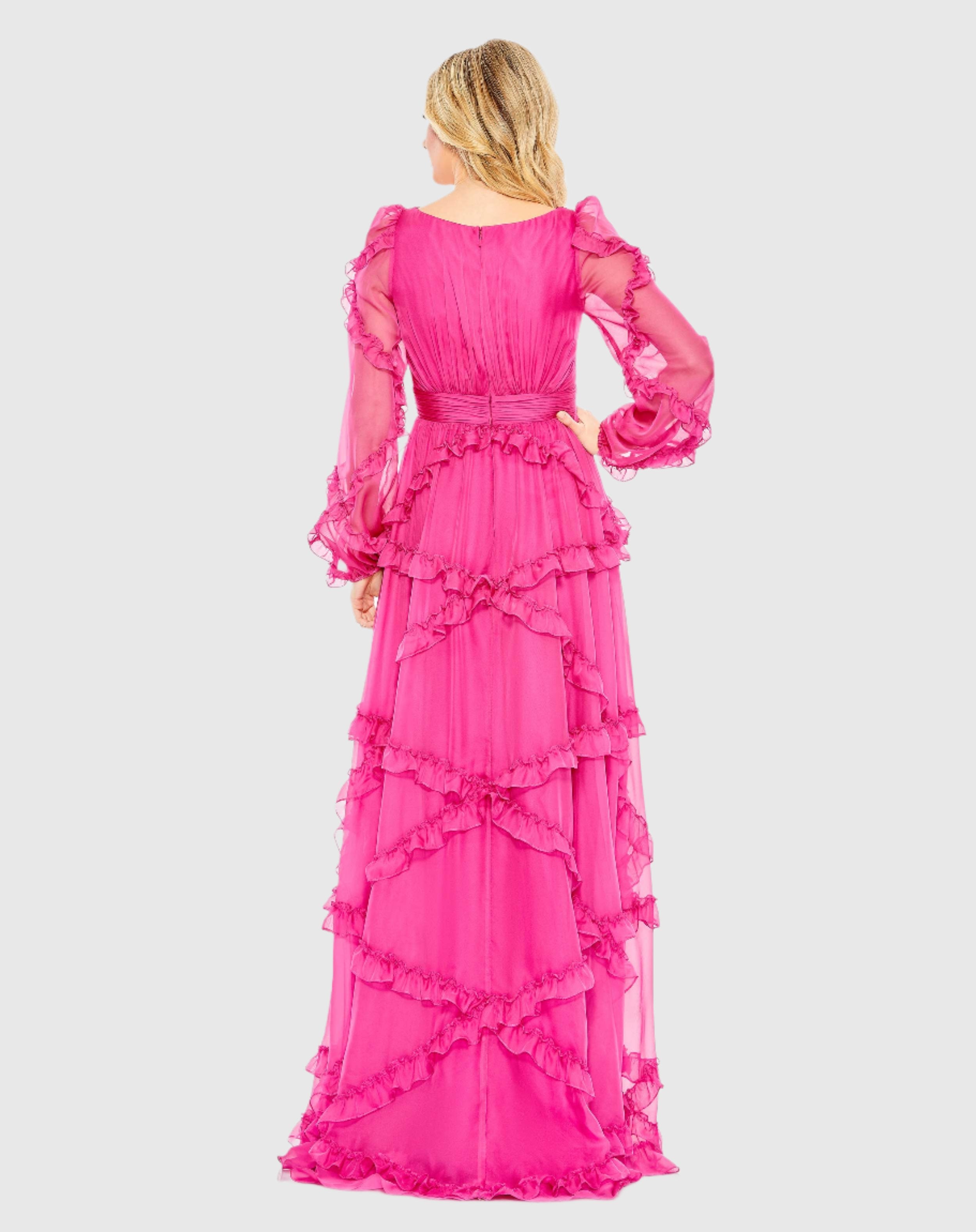 Pink Cascade Ruffle Puff Sleeve A Line Wedding Guest Maxi Gown In Pink