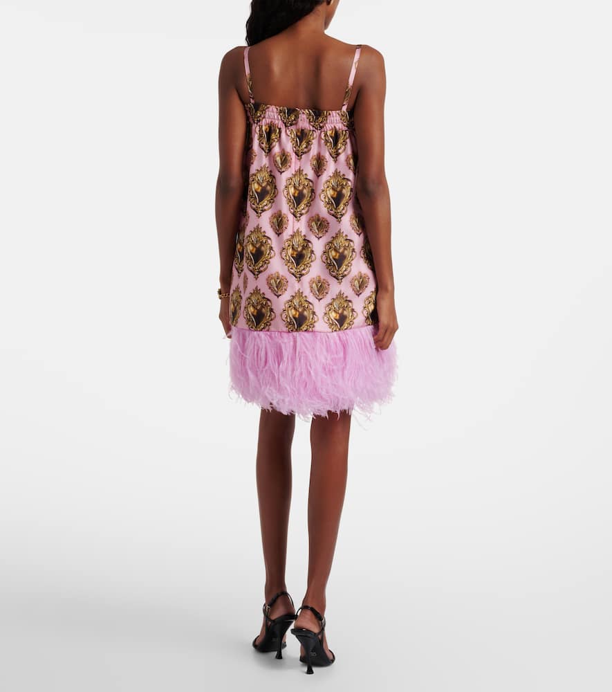 Feather-trimmed printed silk minidress