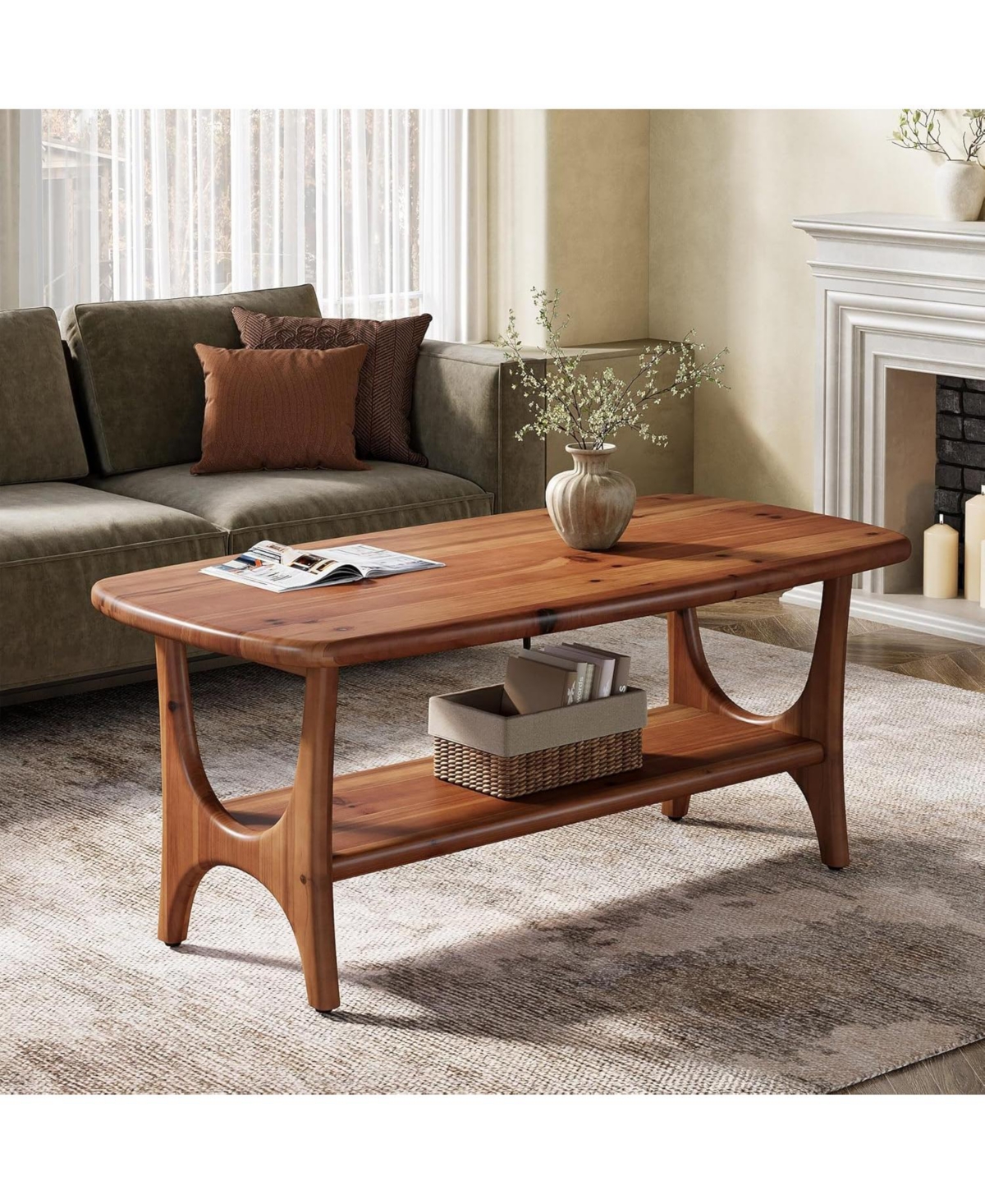 Solid Wood Coffee Table, 47.24” Mid-Century Modern Rectangle Living Room Table, 2-Tier Center Table for Living Room - Walnut