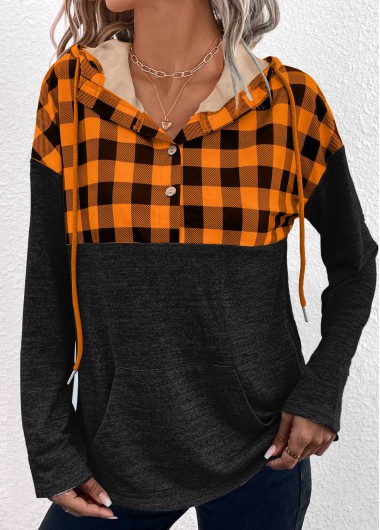Modlily Light Grey Pocket Plaid Long Sleeve Hoodie