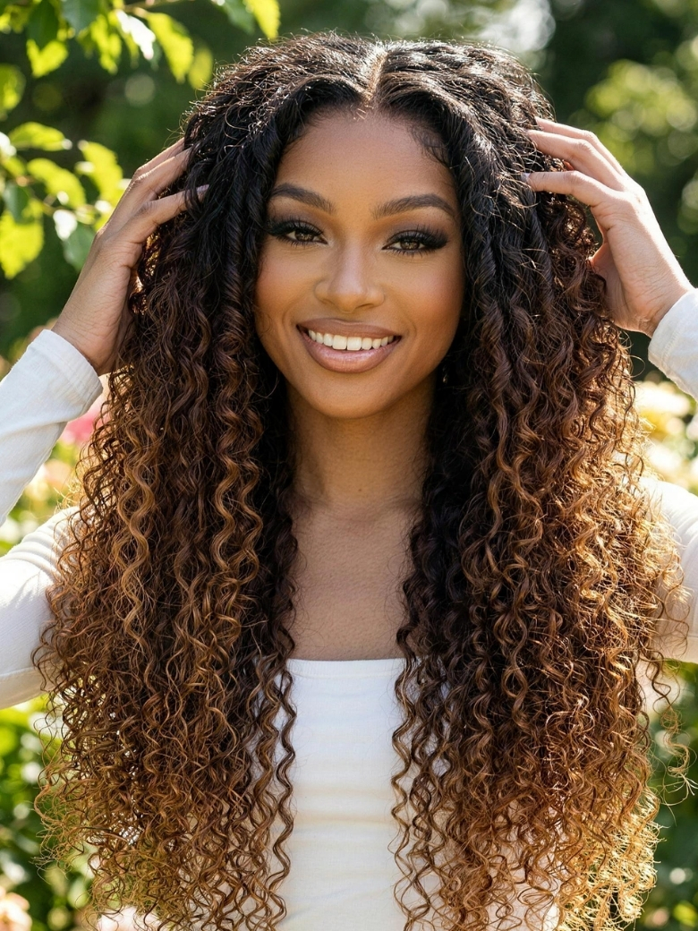 [From 18"] 7x5 Bye Bye Slip™ Glueless Lace Dark Brown to Caramel Ombre with Dark Roots Jerry Curly Wig with Spiral Cur