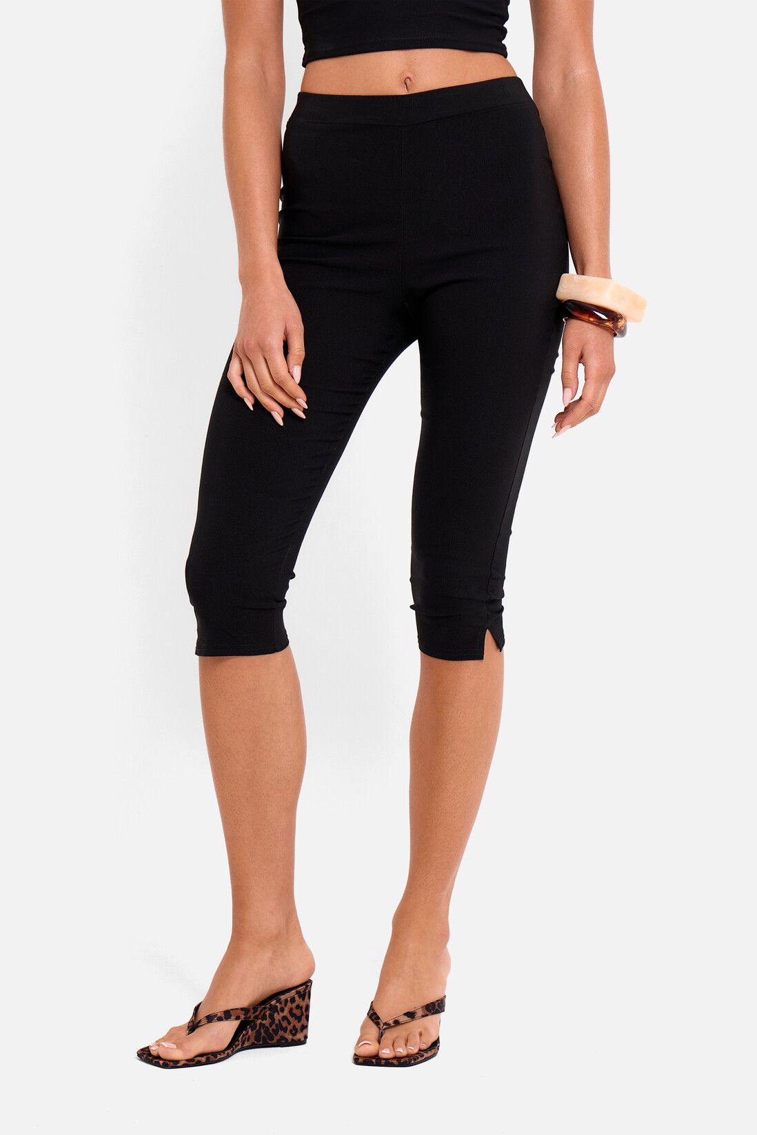 Public Desire Women's High Waist Bengaline Split Hem Capri Trousers in Black
