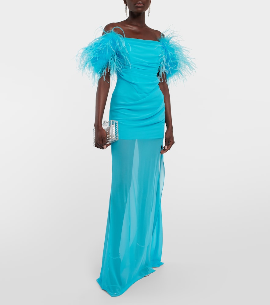 Feather-trimmed georgette maxi dress