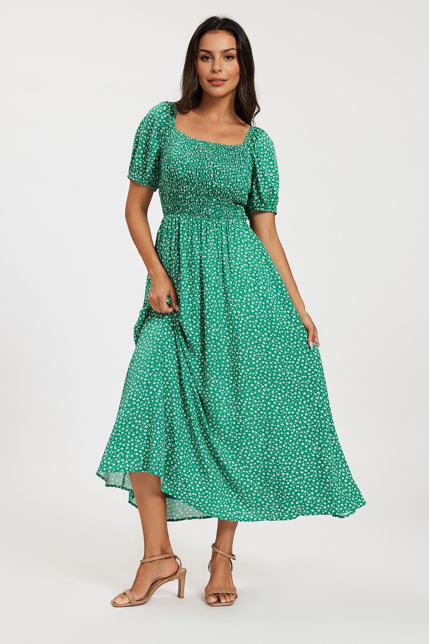 FS Collection Women's Floral Shirred Square Neck Midi Dress with Puff Sleeves in Green | : Mediu