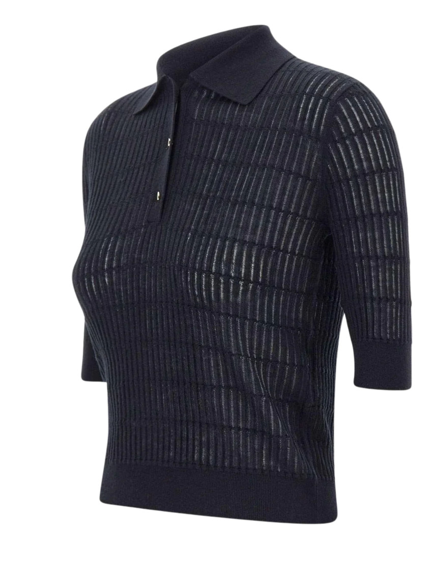 Navy Textured Shirt Collar T-Shirt