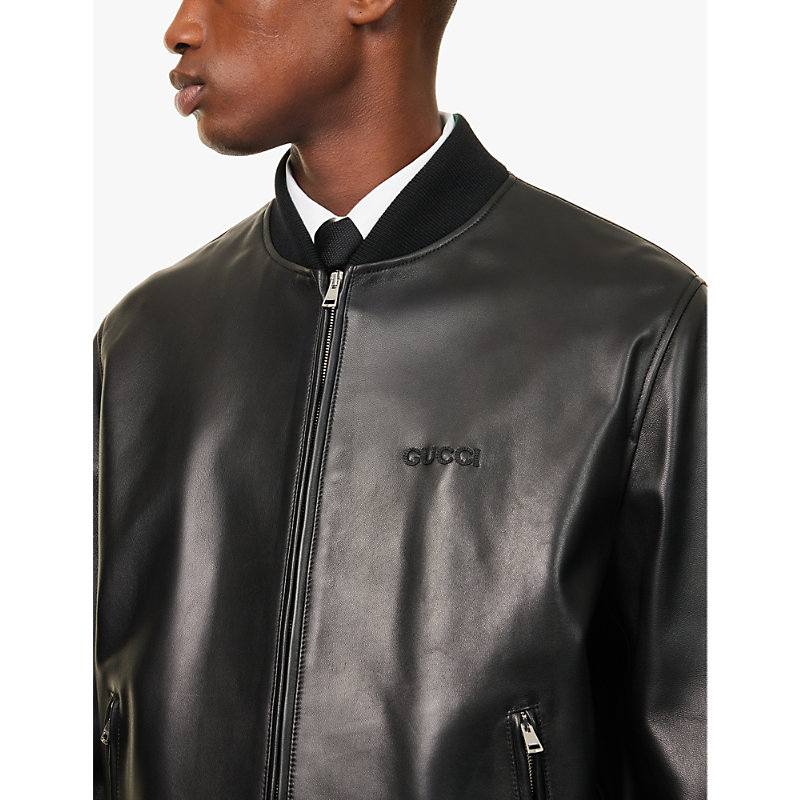 Mens Black Green Red Brand-embroidery Two-zip-pockets Regular-fit Leather Jacket