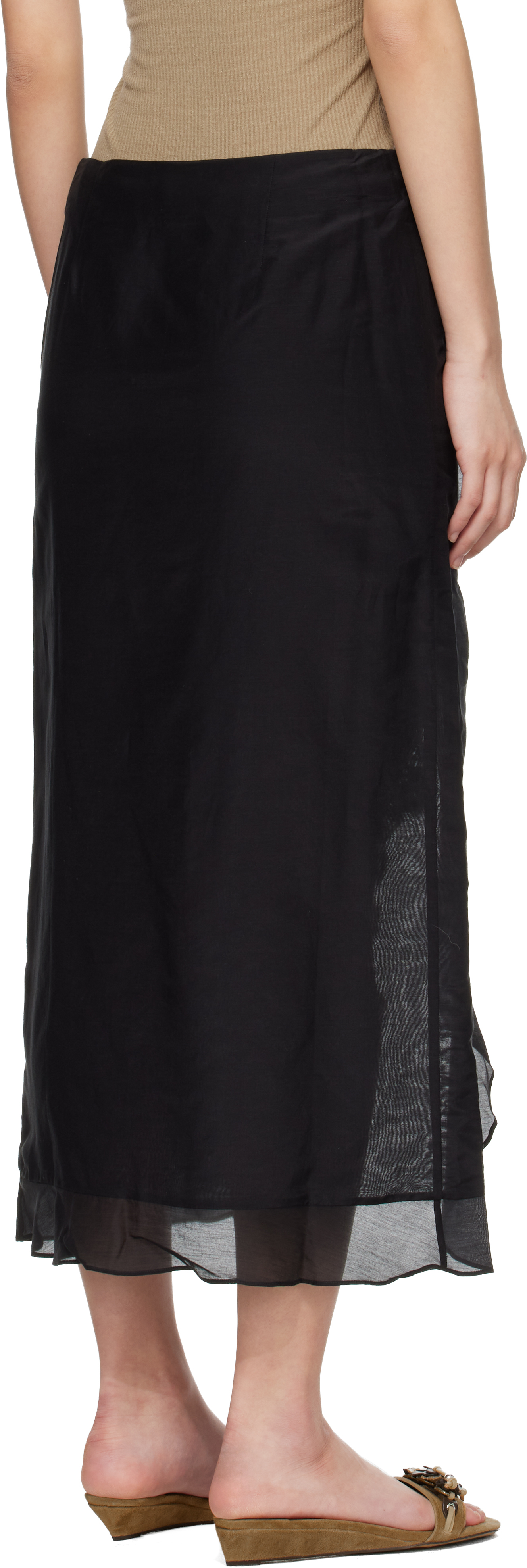 Black Velina Crochet Cotton Silk Midi Skirt