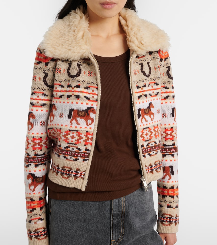 Intarsia virgin wool zip-up cardigan