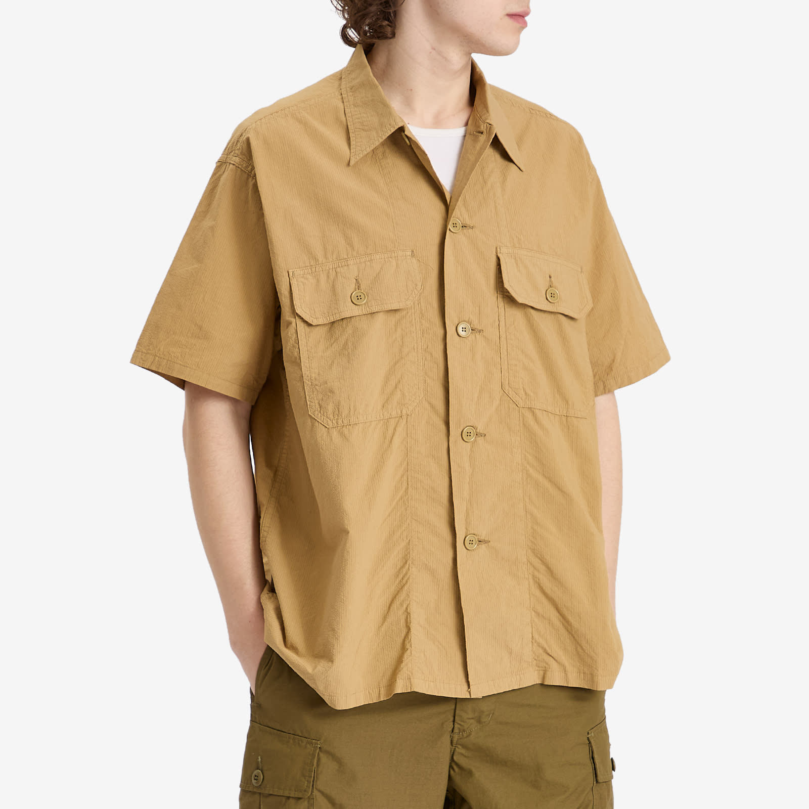 Beams Plus Men's Textured Ripstop Short Sleeve Shirt in Khaki