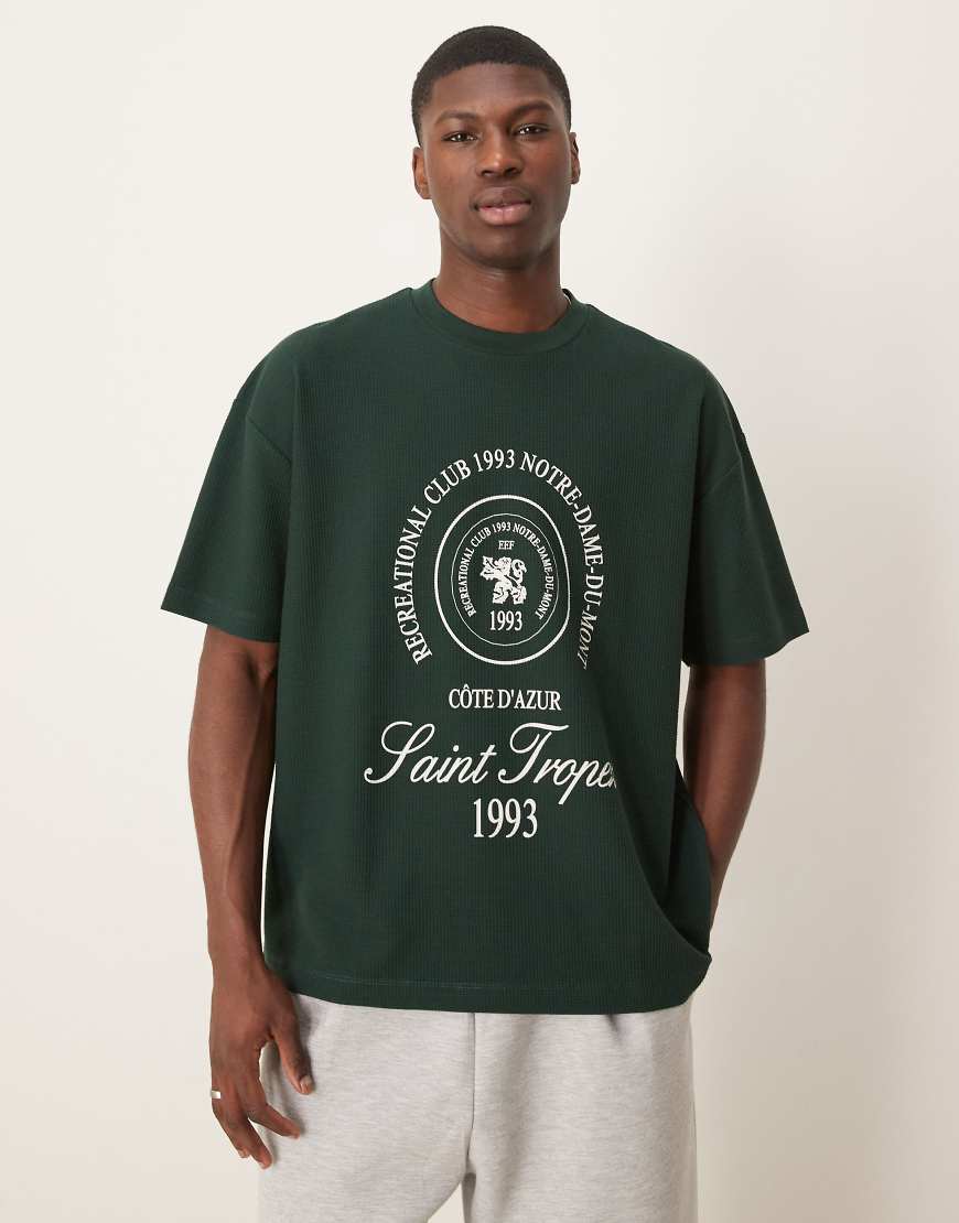 ASOS DESIGN oversized T-shirt in heavyweight waffle texture 230gsm with city graphic in dark green