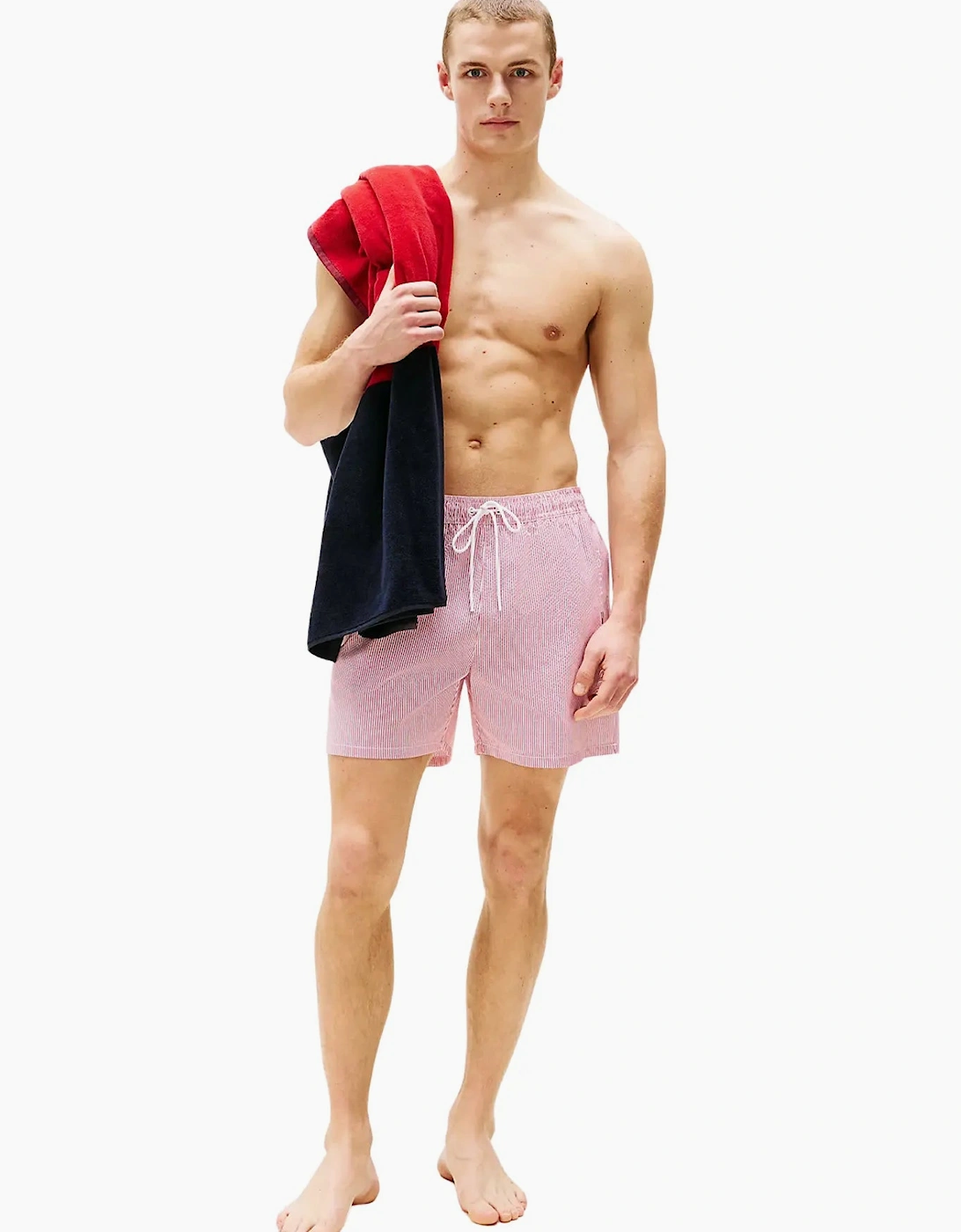 Tommy Hilfiger Men's Original Stripe Mid Length Swim Shorts, Ithaca White/Medium Red - Blue