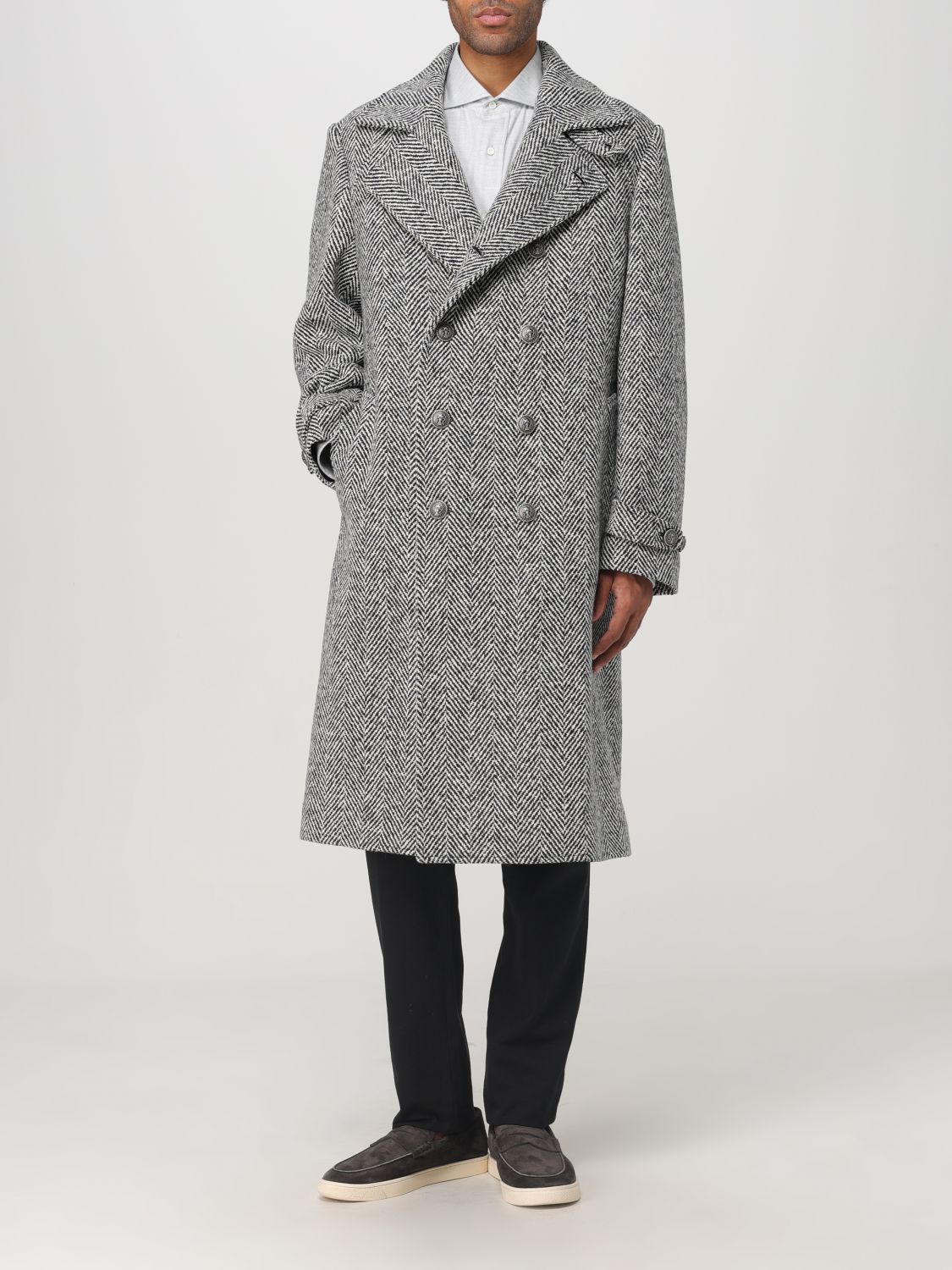 Herringbone-pattern double-breasted coat - Black
