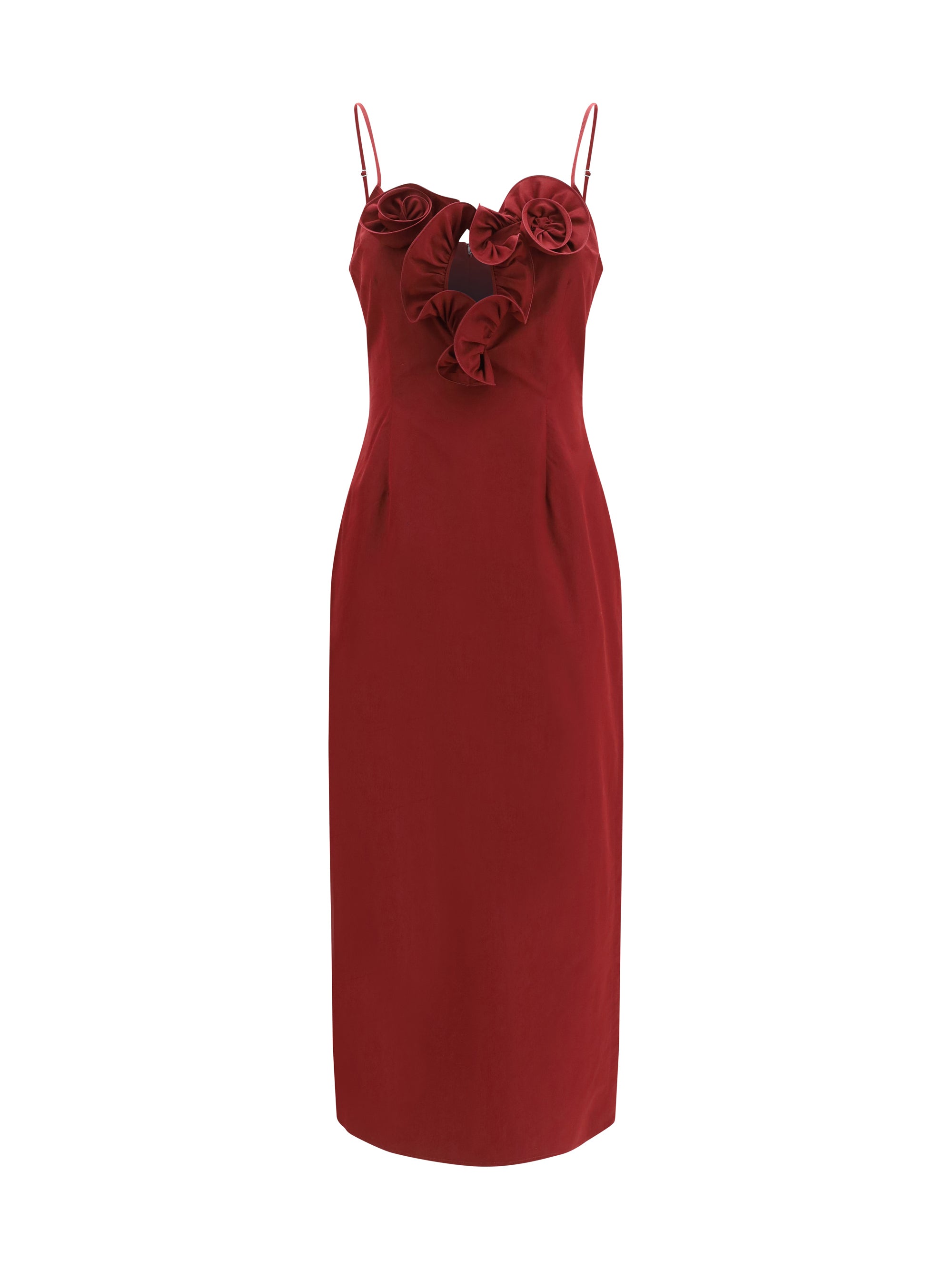 Sculptural Floral-Ruffle Detail Dress — Red