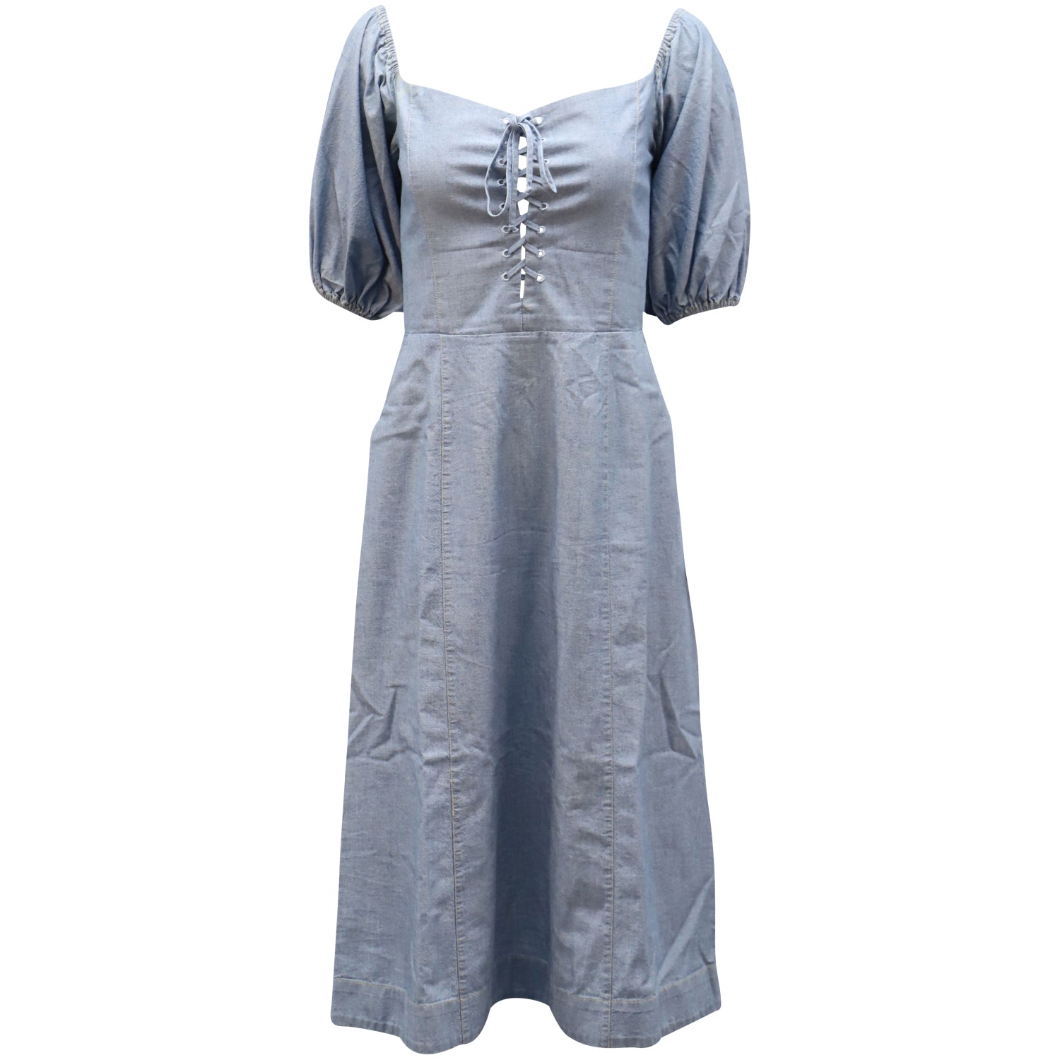 Puffy Sleeve Shirred Dress in Light Blue Cotton