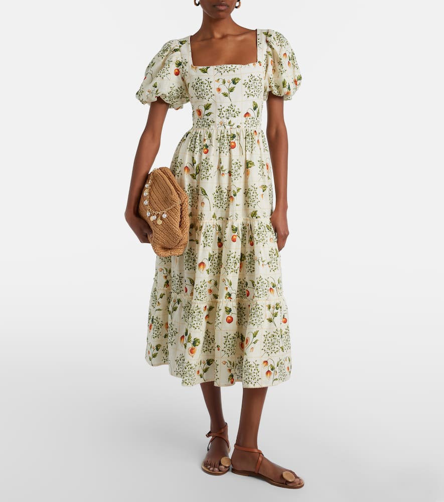 Embellished printed linen midi dress