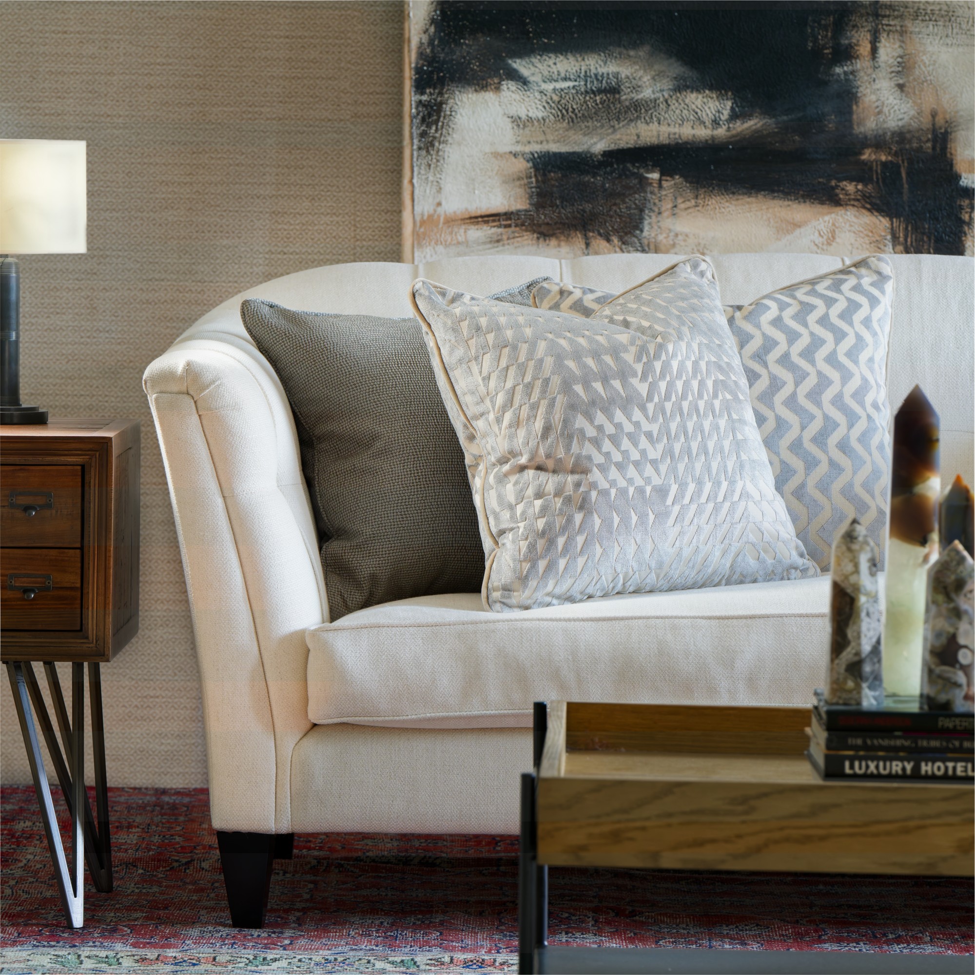 Park Smoke, Sustainable Feather, Cushion, 55cm x 55cm - Andrew Martin Velvet Geometric