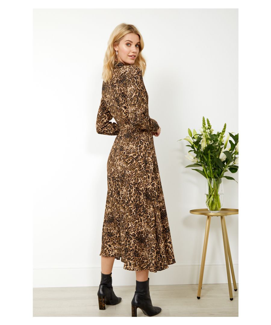 Sosandar Womens Animal Print Belted Midi Shirt Dress - Brown