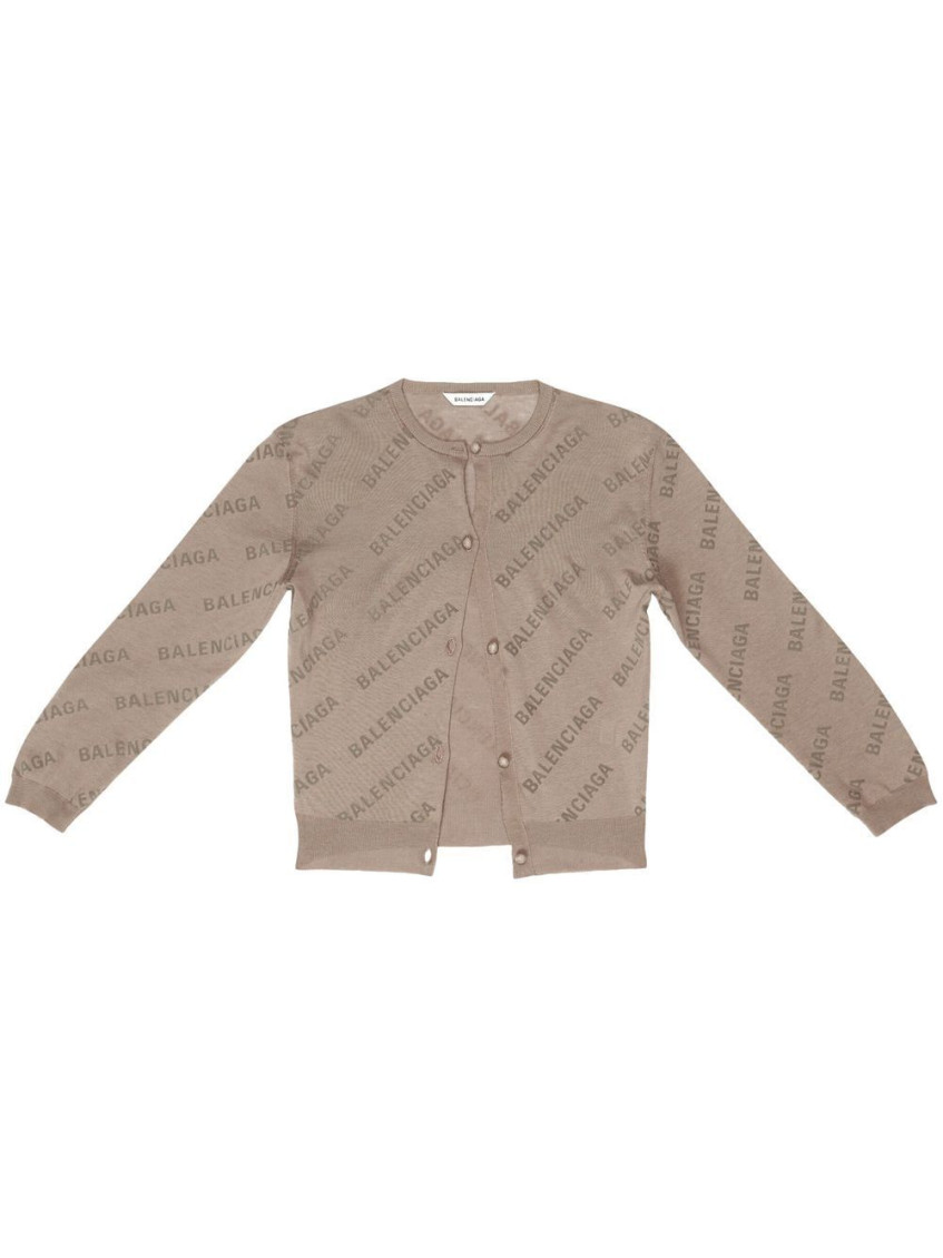 Woman Beige Knit Crop Cardigan With All-over Logo