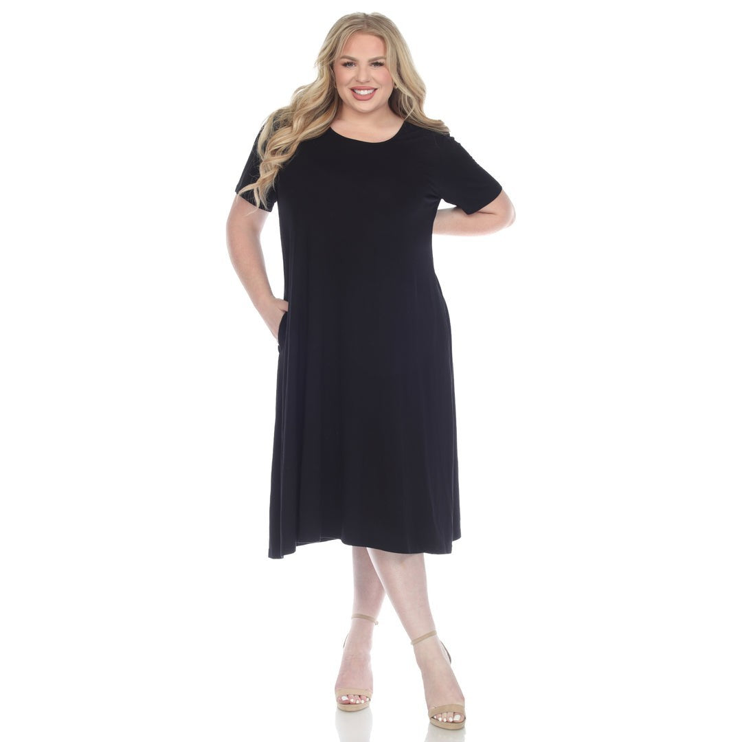 Midi Dress Women's Black Stretch Pocket Swing Short Sleeve FTS1486