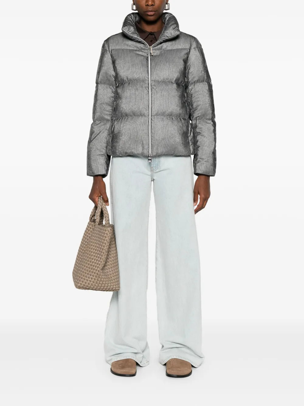Metallic-Effect Quilted Down Jacket — Grey