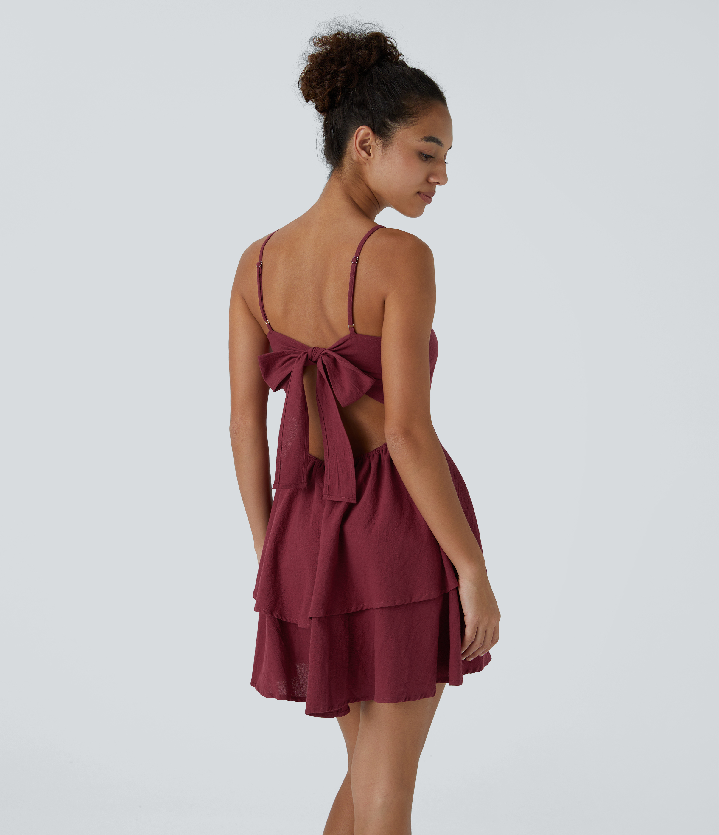 Tie Back Tiered Ruffle Flowy Slip Mini Casual Linen-Feel Dress Casual Dress - Rhododendron