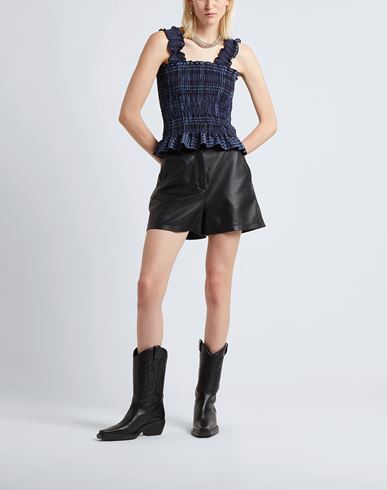 Cotton Check Ruffled Smock Top Woman Top Midnight blue Size 10 Polyester, Virgin Wool, Elastane