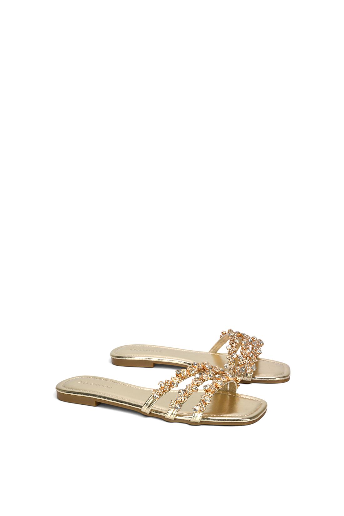XY London Women's 'Hazel' Flat Diamante Slider Sandals w/ Square Toe in Metallic Gold