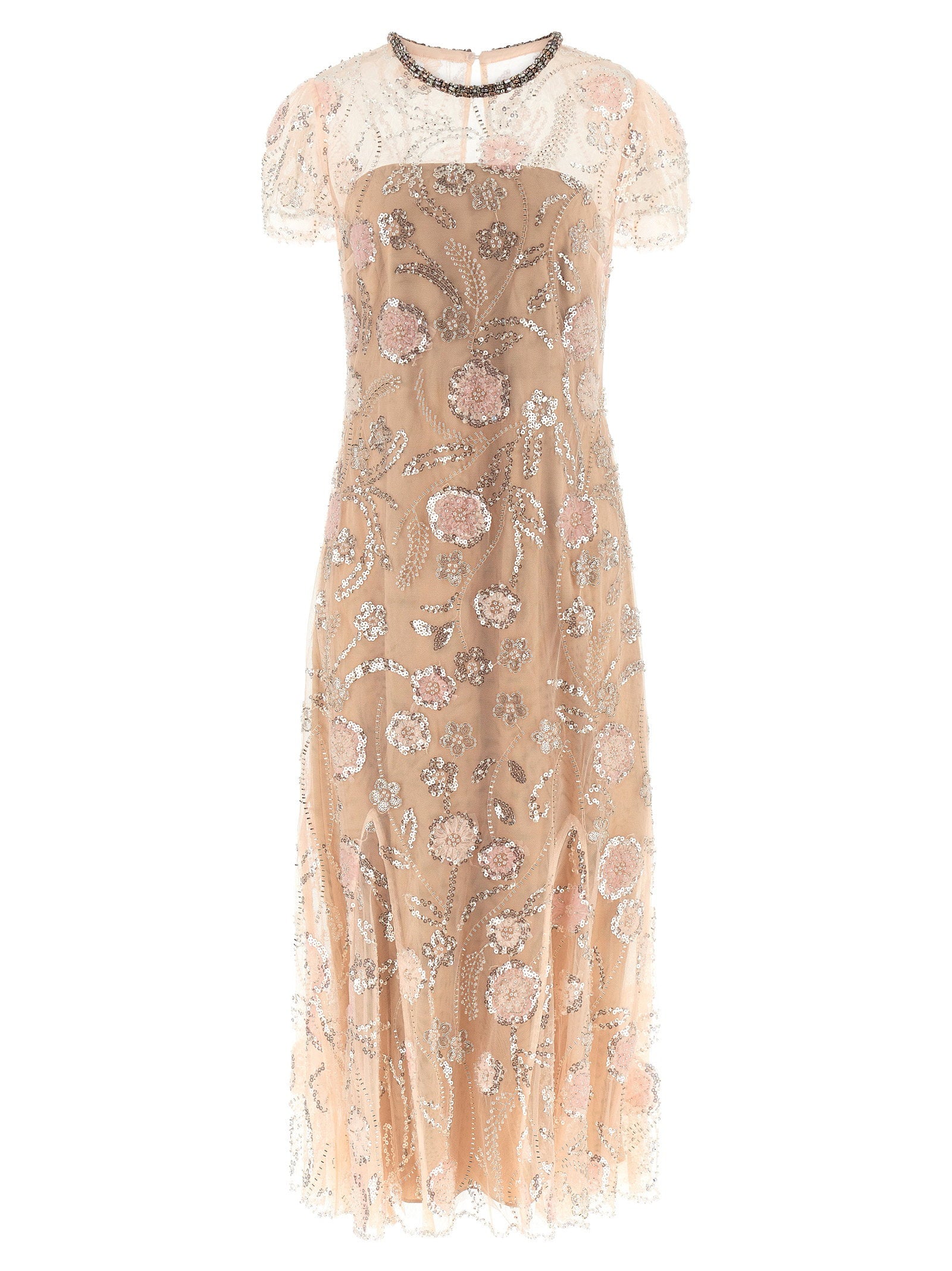 Pink Flower Sequin Embellished Midi Dress