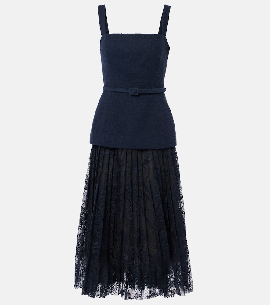 Cotton-blend tweed and guipure maxi dress