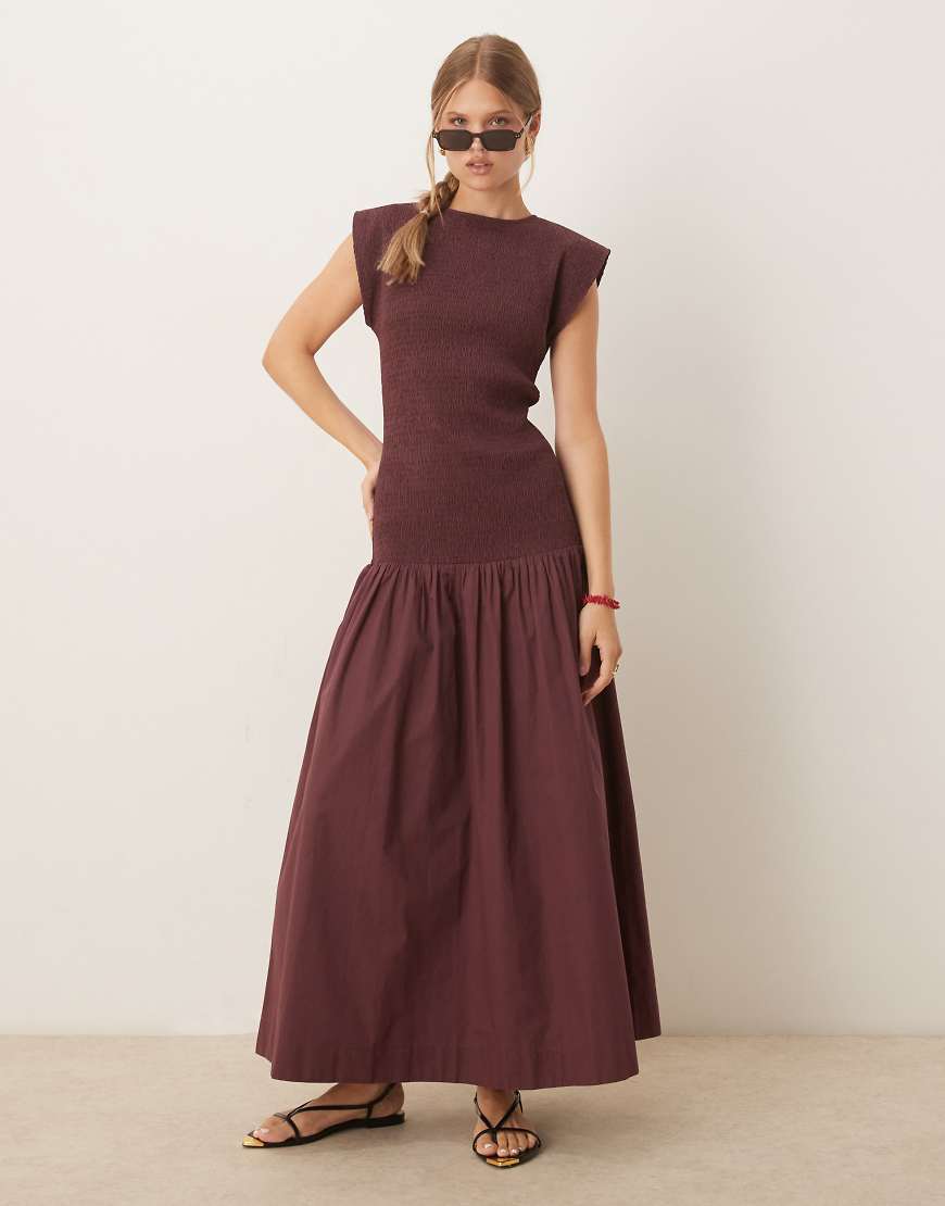 High neck shirred maxi dress with dropped waist in deep grape-Purple