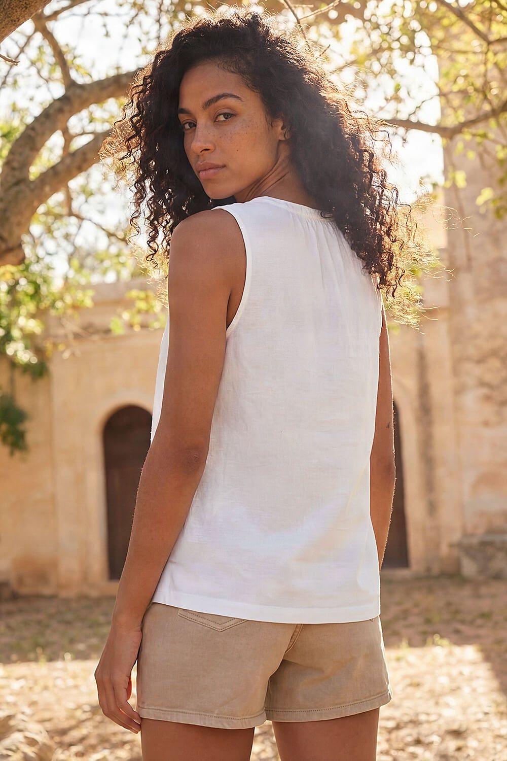 Roman Women's Cotton Broderie Hem Top in Ivory