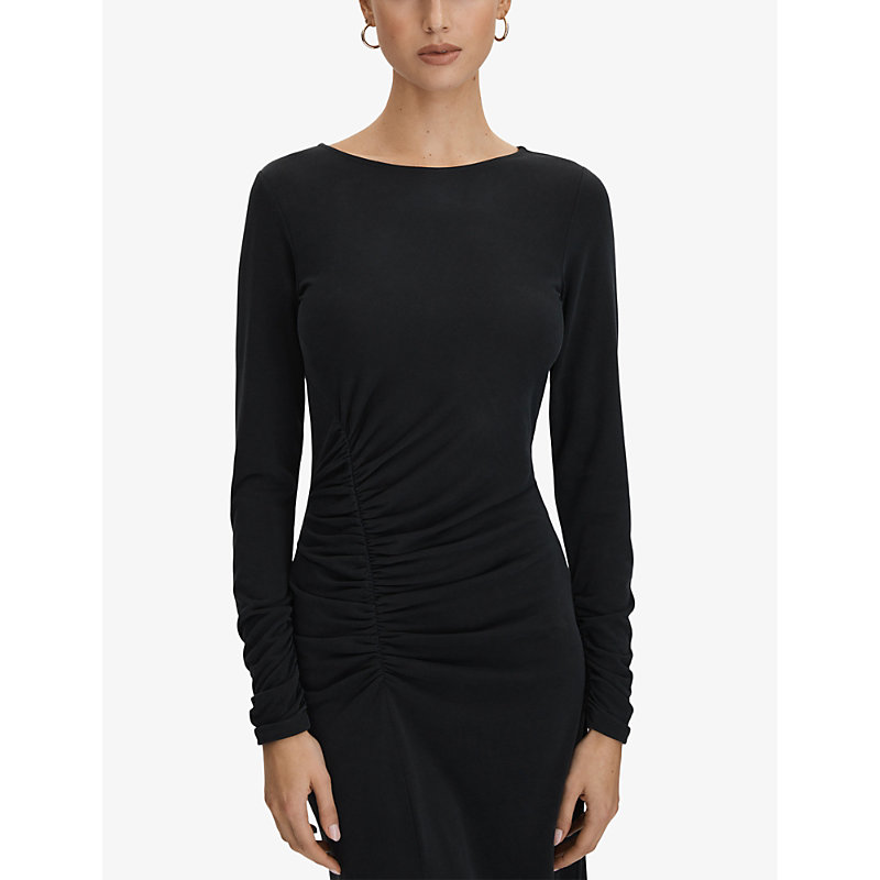 Womens Charcoal Lana Ruched-detail Long-sleeve Jersey Midi Dress