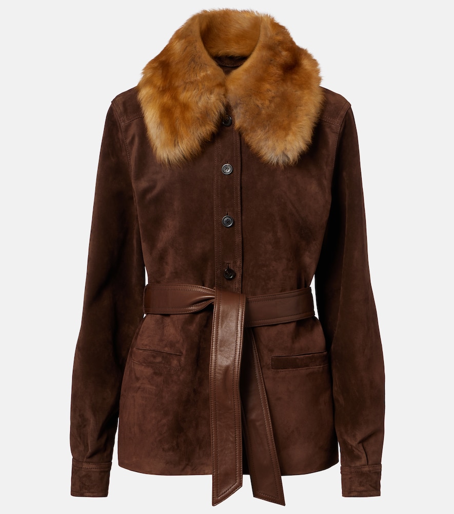 Belted shearling-trimmed suede jacket